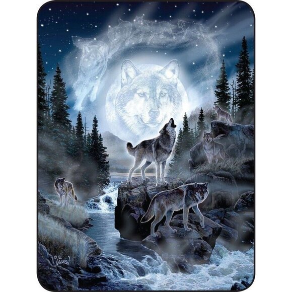New Wolf Moon Spirit Plush Throw Blanket Al Agnew Outdoor Creek Pack Wolves NIP - Picture 2 of 3